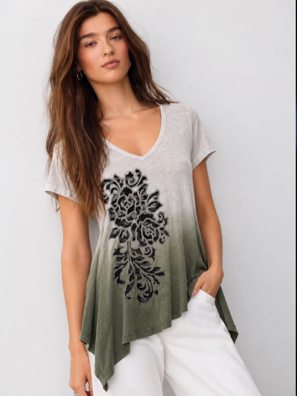 URBAN X DIP DYE LACE TRIM ASYMMETRIC TOP